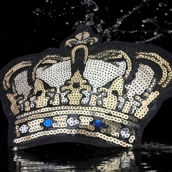 LARGE SILVER & GOLD Shiny SEQUIN CROWN EMBROIDERY PATCH - Royalty MOTIF Sequined - Picture 8 of 9